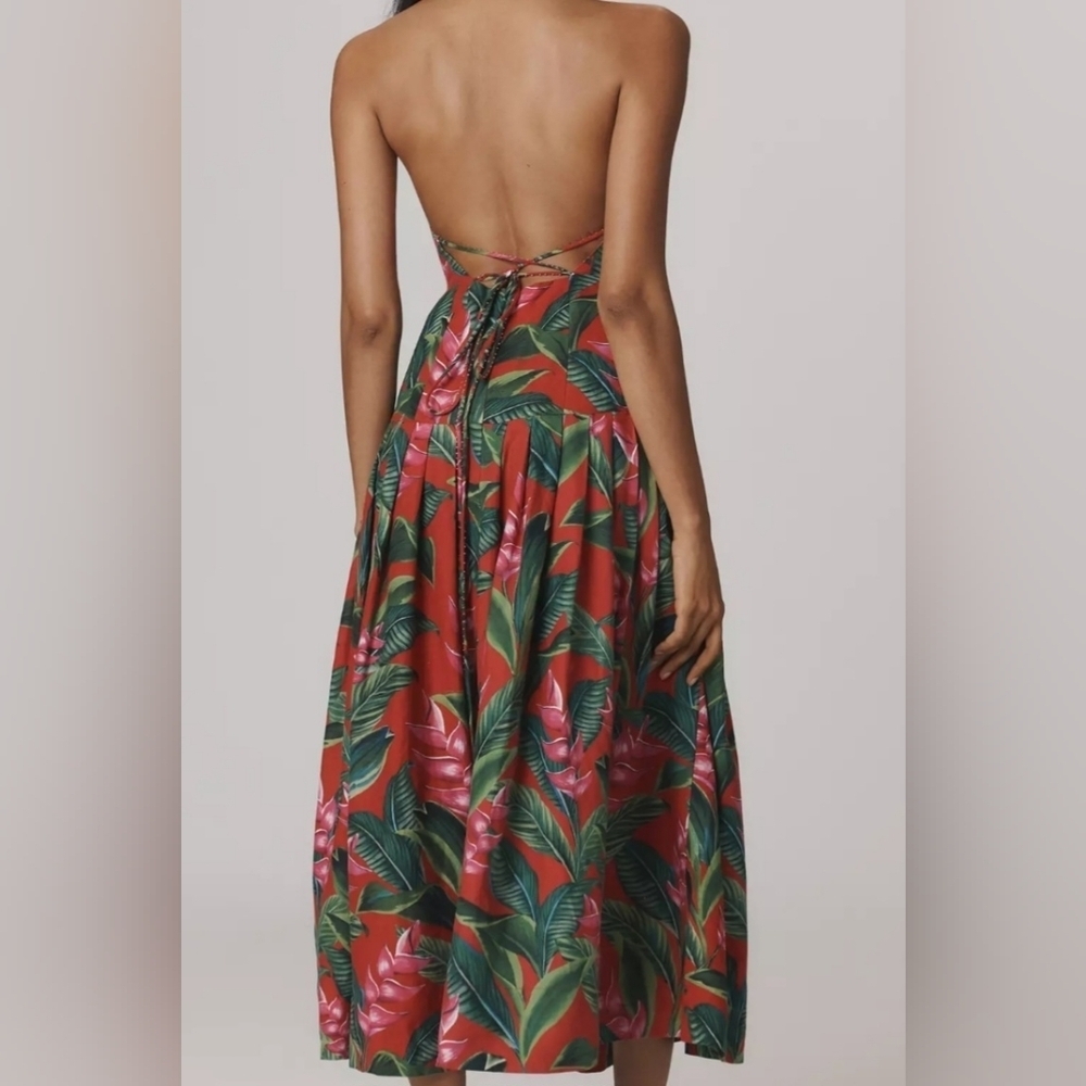Farm Rio Linen Blend Dream Garden Strappy Drop - Waist Midi Dress, Size S, M & L - Picture 3 of 5
